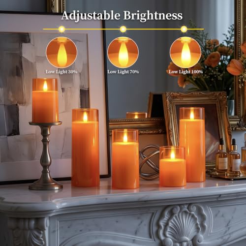 Image of Homemory Orange Flameless Candles Realistic Flickering with Remote for Fall | Halloween Candles Battery Operated with Timer, LED Fake Electric Pillar Candles for Home, Holiday Decor, Set of 5