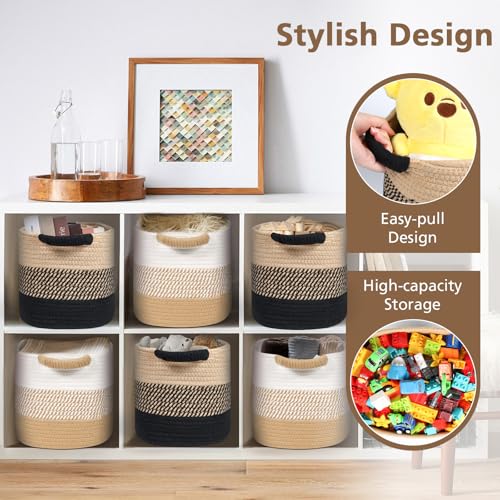 Mozvvco 3er Set Großer Aufbewahrungskorb aus Baumwollseil, Handgewebt Baumwolle Korb, Wäschekorb Organizer Körbe, Spielzeugkorb für Regal, Bad, Badzimmer, Wohnzimmer, Kinderzimmer, Khaki-Schwarz