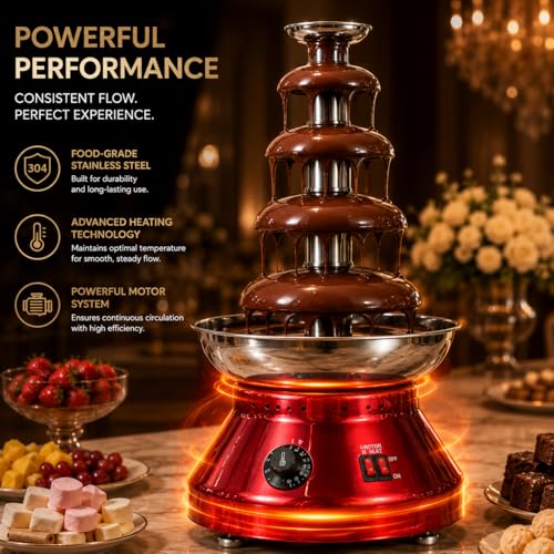 Image of Electric Chocolate Fountain Machine with Stainless Steel Tower | 5-Tier Chocolate Fountain | Motor & Heating Control for Parties, Hotels, Catering & Events