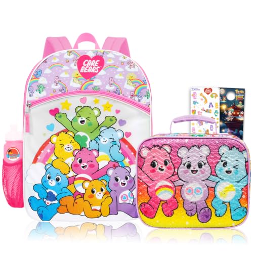 Care Bears Backpack and Lunch Box Set - Bundle with 16 Backpack Lunch Box Water Bottle Stickers More | Care Bears School Bag for Kids Girls