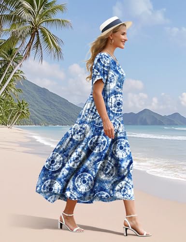 Image of YESNO Women's Summer Maxi Dresses Casual Floral Short Sleeve V Neck Boho Beach Vacation Swing Dress with Pockets EVF