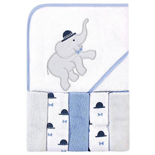 Image of Hudson Baby Unisex Baby Hooded Towel and Five Washcloths, Handsome Elephant, One Size