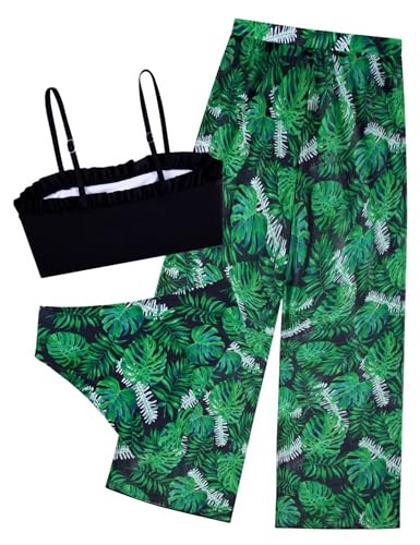 Image of Vogseek 6-16T Girls 3 Pieces Bikini Bathing Suit with Rash Guard Pants Quick Dry Swimwear Cover-Up Sets