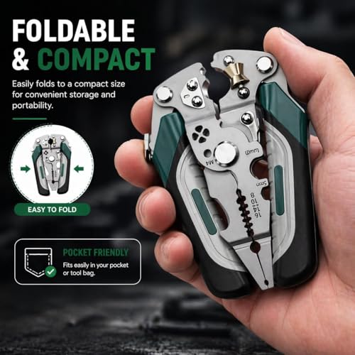 Image of 20-in-1 Multifunctional Stainless Steel Wire Cutter Foldable Wire Stripper Crimper Cable Cutter Pliers Non slip Grip for Cutting Electrical Stripping Tool & Crimping Tool with [LED Voltage Tester Pen]