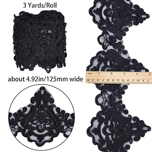 GORGECRAFT 3 Yards 128mm Black Polyester Lace Trim Inelastic Embroidery Trims Embroidered Flower Ribbon Bead Wave Pattern Ribbons for Sewing Craft Curtain Tablecloth Slipcover Bridal DIY Cloth Decor - Image 2