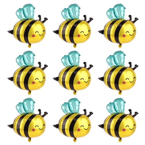 9pcs Bee Balloons, Yellow Black Cute Smile Polyester Honey Balloons Arch Kit Decorations Themed Birthday Baby Shower Supplies for Kids Adults