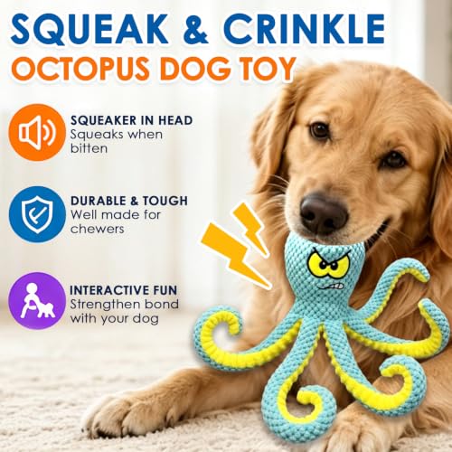 Image of MAXBECK Interactive Octopus Dog Toy, Plush Dog Toy with Crinkle Paper & Squeaker, Tug of War Dog Toy for Small Medium Large Dogs, Soft Dog Chew Toy for Indoor Play, Puppy Training (H-Octopus-Green)
