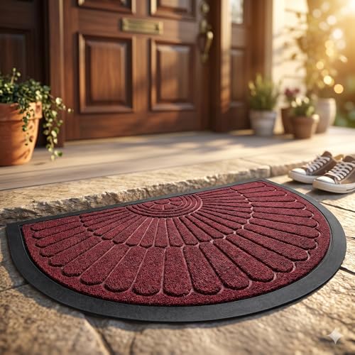 Image of Heavy Duty Half Round Doormat for Outdoor Entrance - Waterproof Low-Profile Rubber Backed Welcome Mat with Anti-Slip Grip & Dirt Trapping Design Front Door Rug (Red, 45 x 75 CM)