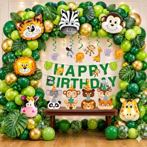 Image of Party Propz Jungle Theme Happy Birthday Decoration Kit - 86 Pcs Animal Foil Balloons for Birthday, Animal Eye Mask, Swirls, Happy Birthday Banner, Birthday Decor for Boy and Girl (Cardstock)