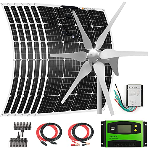AUECOOR 1120 Watts 12 Volts Solar Wind Generator Hybrid System: 400W Wind Turbine Generator+ 6 pcs120W Flexible Monocrystalline Solar Panel for Off Grid 12V Battery Charging Curvy Surface