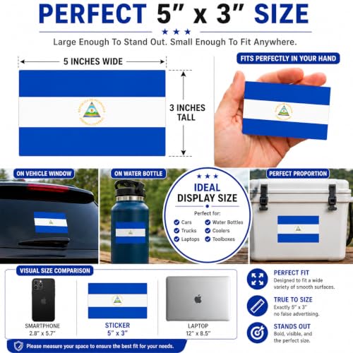 Image of Nicaragua Vinyl Flag Stickers, Car Decals, Waterproof Indoor Outdoor, Laptop Stickers, Car Bumper, Nicaraguan Flag, 5 x 3 Inches, Set of 3