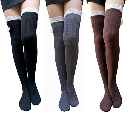 AM Landen Women's Over Knee Bow Socks Thigh Socks Pattern Knit Long Socks