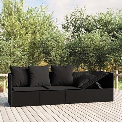 KHNLGFR Patio Lounge Bed with Cushions Black Poly Rattan Outdoor Sun Lounger with Adjustable Sides and Powder-Coated Steel Frame