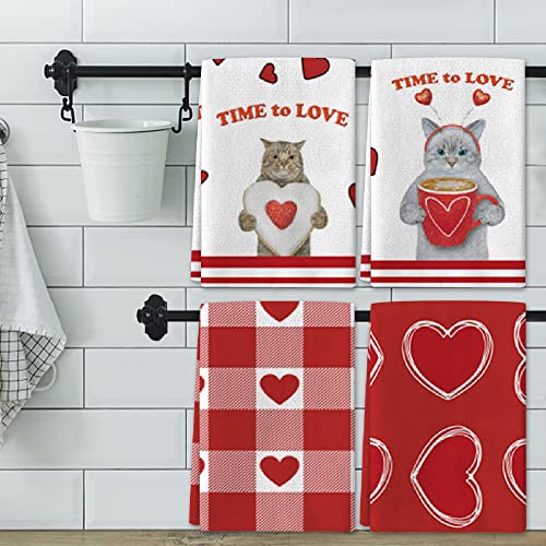 Abtols Valentine Kitchen Towel 4 Pieces Valentine's Day Heart Towels Red Love Cat Valentine Dish Towels Romantic Heart Kitchen Towel Soft Heart Dish Towels Kitchen Tea Towels For Home Kitchen #TOP3