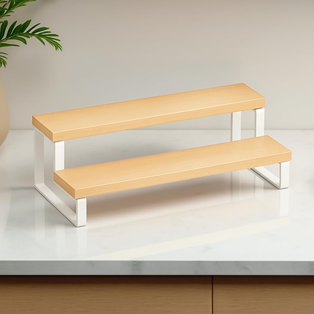 Decorlay 2-Tier Metal & Laminated Board Stairs Spice Rack Cosmetic Organizer Stand, Kitchen Countertop for Pantry Cupboard, Countertop (Beech+White) Decorlay 2-Tier Metal & Laminated Board Stairs Spice Rack Cosmetic Organizer Stand, Kitchen Countertop for Pantry Cupboard, Countertop (Beech+White)