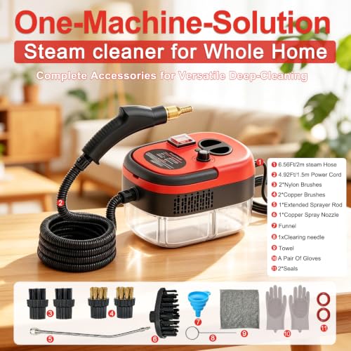 Image of Steam Cleaner, Portable Pressurized Steamer for Cleaning with 14pcs Accessories, 6-Level Adjustable and 15s Heat-Up, Handheld Steam Cleaner for Home, Tile, Dirt, Grout, Grease, Car Detailing(Red)