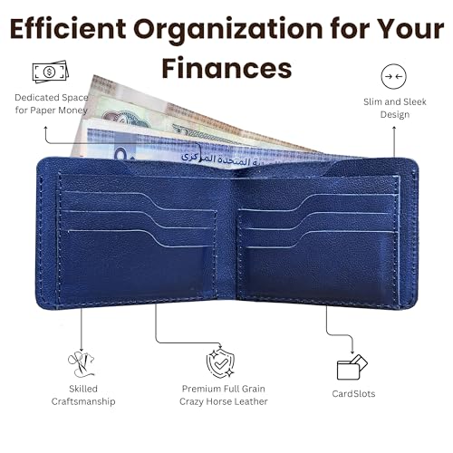Men's Leather Bifold Wallet, Hand-Crafted Genuine Full Grain Real Animal Hide - Designed for Credit/Debit & Modern Traveler Card Access - Slim Wallet - Blue2