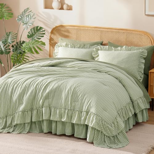Image of Queen Comforter Set Green Gingham Ruffle 7 Pieces Farmhouse Bed in a Bag | Shabby Chic Fluffy Bedding Sets with Sheets, Pillowcases & Shams