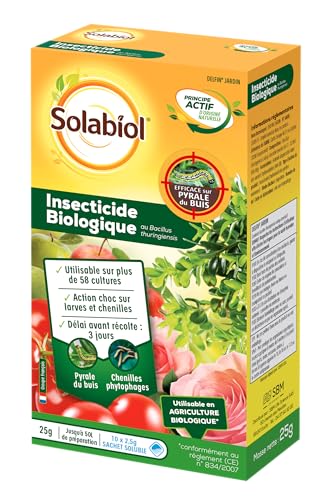 SOLABIOL Insecticide Biologique - Action Choc Sur Larves & Chenilles - Agit Par Ingestion - 25g - 10 Sachets De 2,5g - 50L De Préparation - Utilisable En...