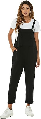 Miniatura 2 de Flygo Overol de algodón y lino para mujer, ajuste holgado, pierna ancha, con bolsillos