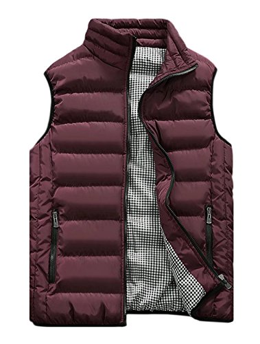 Vcansion Men's Outdoor Casual Stand Collar Padded Vest Lightweight Down Cotton Jacket Coat Vest Wine Red S