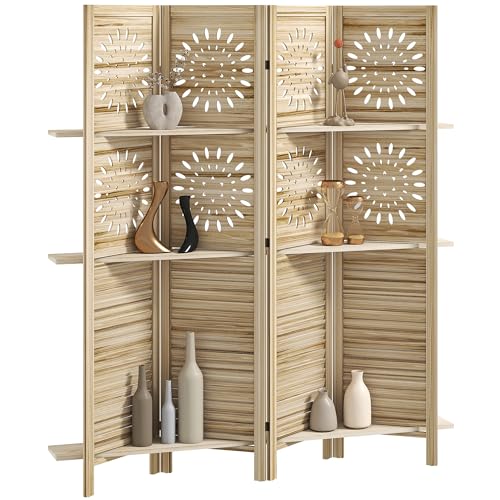 HOMCOM Paravent intérieur 4 Panneaux et 3 étagères, 160 x 170 cm, séparateur de pièce Pliable en Bois de Paulownia, cloison de séparation pour Salon, Chambre à...