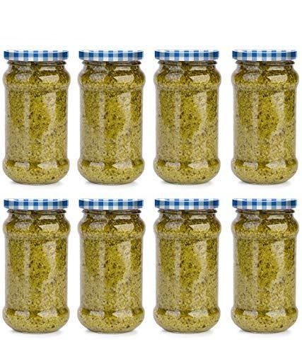 Image of Favola Essentials Round Lug Glass Jar, Check Blue Lid, 200 ml, Set of 8, Clear
