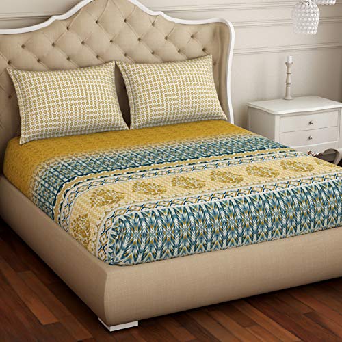Image of Spaces Atrium Plus 210 TC 100% Cotton Queen Size Fitted Double Bedsheet with 2 Pillow Covers (Ornate, 60 inch X 78 inch Inches ) - Mustard