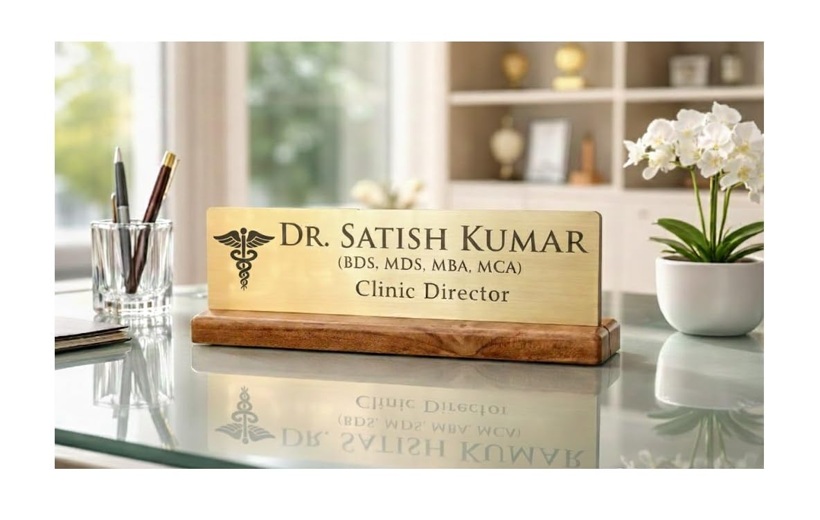 CARVEGLOW® Custom Engraved Desktop Nameplate Matte Gold Acrylic with Wooden Stand for Doctor | Lawyer | Advocate | Table Nameplate/Tabletop Nameplate for Professional-image-28
