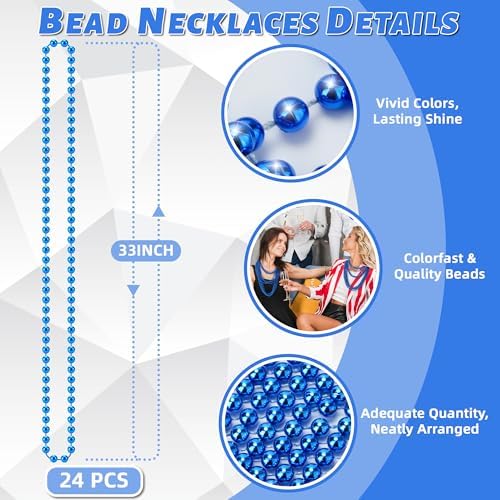 YAXINRUI 24 PCS Blue Bead Necklaces, Blue Mardi Gras Christmas Bead Necklaces, 33 Inch Round Patriotic Necklace, Beads Party Favors for Mardi Gras Christmas 4th of July Festive Events - 1