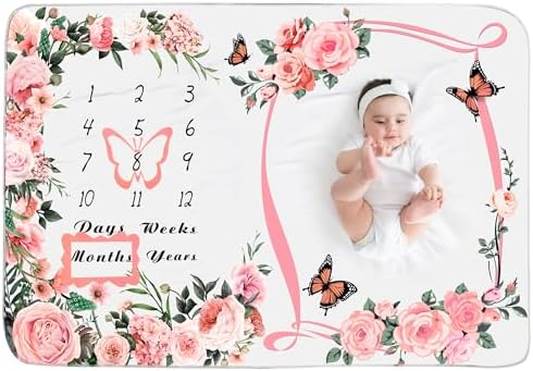Chumia Baby Monthly Milestone Blanket for Baby Girl 59"x39" Flora...