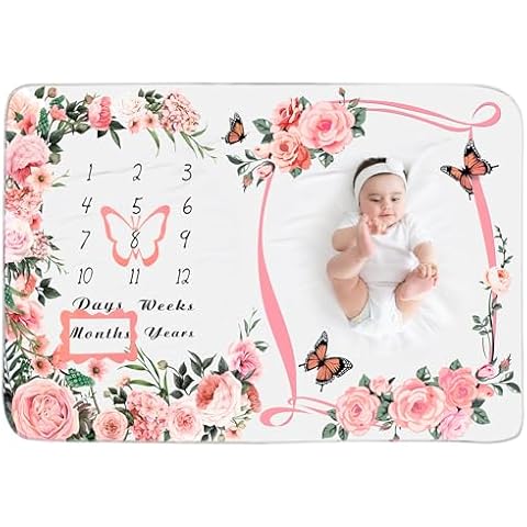 Chumia Baby Monthly Milestone Blanket for Baby Girl 59"x39" Floral Butterfly Photo Prop Blanket Baby Age Milestone Blanket with 2 Felt Floral Wreath Frame(Pink) Cover