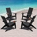 MXIMU Modern Adirondack Chairs Set of 4 Weather Resistant with Cup Holder Oversize Plastic Fire Pit Chairs Plastic Outdoor Chairs for Firepit Area Seating (Black)