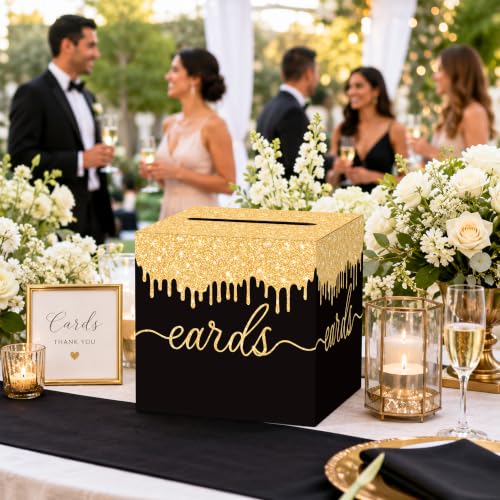 Image of Black and Gold Wedding Card Box with Slot for Reception and Bridal Shower