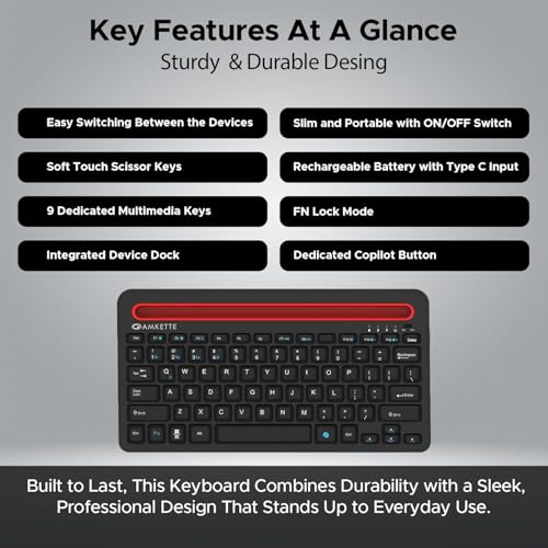 Image of Amkette Optimus Pro Multi Device (4in1) Rechargeable Wireless Keyboard /Bluetooth Keyboard | One Click Device Switching and AI Access for MacOS & Windows | Tablet & Phone Holder, Dual OS Layout (Black)