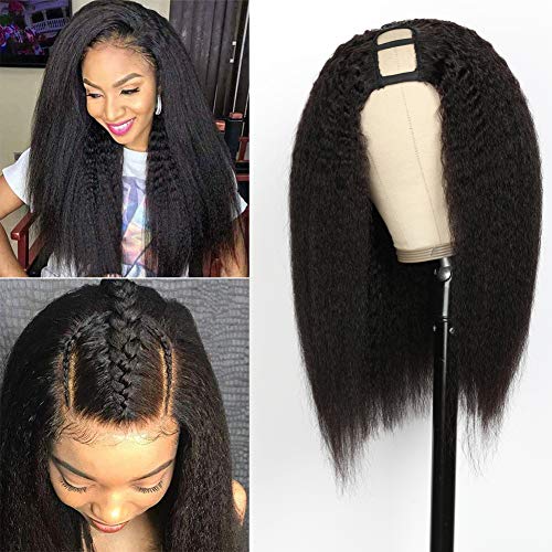 U Part Wig Human Hair Kinky Straight Wig, 16inch Half Wig 2x4 U Shape Clip in Wigs Remy Human Hair Extension(Natural color)