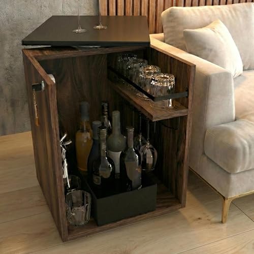 Image of Klaxon Mini Bar Cabinet for Home, 55 x 45 cm Compact Bar Unit with Wine Rack and Open Shelf, Living Room and Dining Room Bar Storage, Engineered Wood, Forest Dark (Iris)