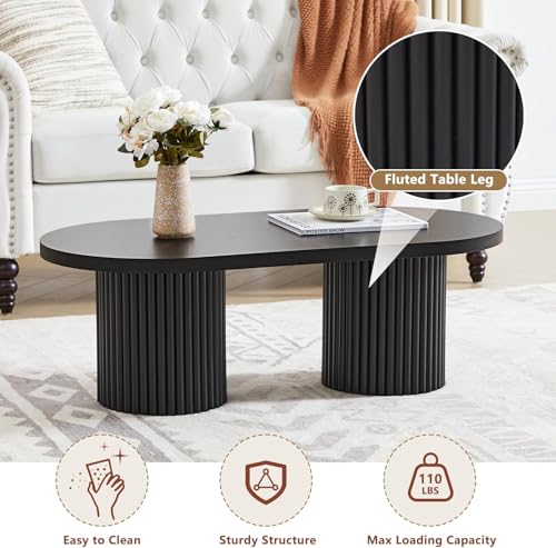 Image of Small Fluted Coffee Table, Farmhouse Oval Wood Coffee Table,Black