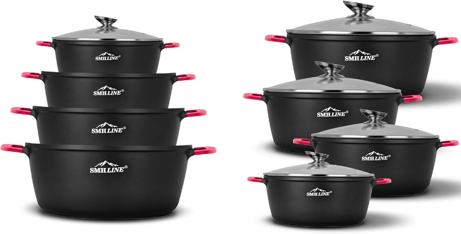 SMHLINE® - Set di pentole in alluminio pressofuso per induzione, diametro da 24 a 32 cm, con coperchio in vetro, antiaderenti, adatte per tutti i tipi di fornelli (set di pentole con utensile da