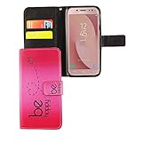 König Design Handyhülle Kompatibel mit Samsung Galaxy J5 (2017) Handytasche Schutzhülle Tasche Flip Case mit Kreditkartenfächern - Be Happy Design Pink