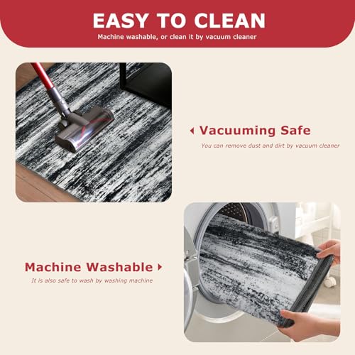 KOZYFLY Modern Abstract Hallway Runner Rug, 2.6x8 Washable Rug Runner Non-Slip Soft Striped Kitchen Runner Rugs, Black Navy Blue Grey Carpet Runner for Entryway Bathroom Laundry Room Foyer