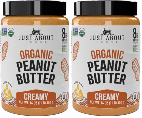 Just About Foods Organic &amp; Keto Peanut Butter Creamy 1 lb Gluten-Free, No Sugar Added, No Palm Oil, Unsweetened Peanut Spread, USDA Organic &amp; Non-GMO (Pack of 2)