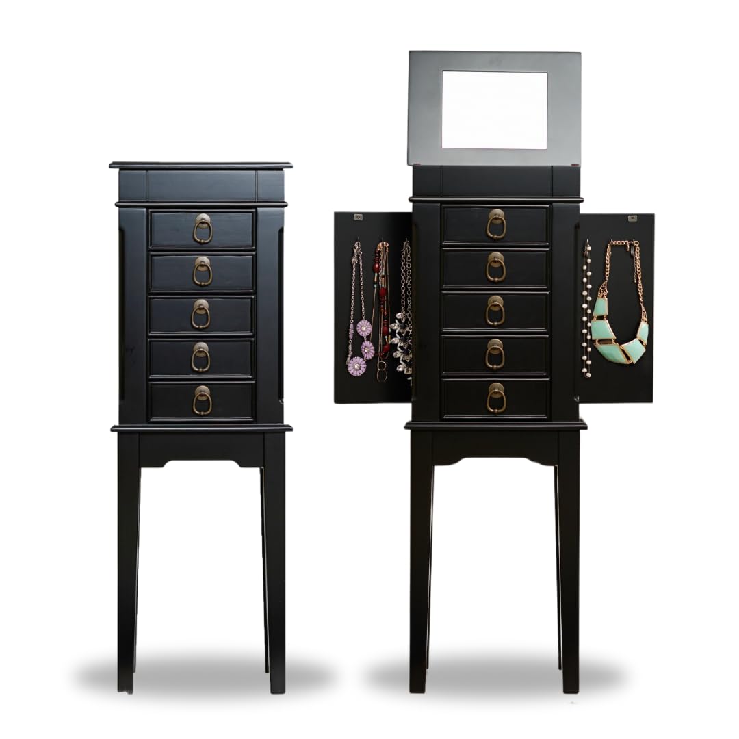 Hives and Honey Erin Jewelry Armoire - Modern Wood Storage Organizer with Necklace Hooks, 5 Drawers, and Vanity Mirror, Black