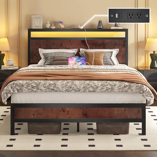 Image of Fluest Full Bed Frame with Headboard & Footboard, Full Bed Frame with Built-in Charging Station & LED Light, Storage Shelf, Noise-Free, No Box Spring Needed, Easy Assembly, Coffee Brown