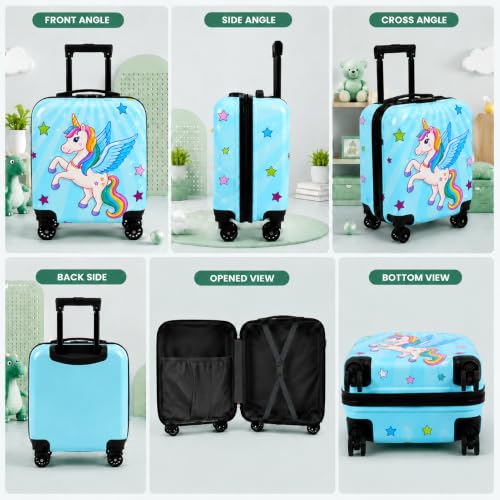 Image of Kids Carry On Luggage with Wheels,18-inch Hard Shell Suitcase Lightweight Toddler Rolling Trolly with Retractable Handle,Durable Hardside Spinner Trolly for Airplane Travel (Blue Unicorn)
