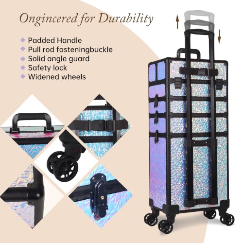Image of 5 in 1 Rolling Makeup Train Case Professional Cosmetic Trolley Large Storage Organizer on Wheels for Hairstylist Artist Nail Beauty Salon Barber Shiny Purple