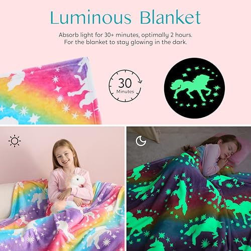 Joiedomi Glow in The Dark Blanket Unicorn Toys for Girls Age 2 3 4 5 6 7 8 9 10 11 12 Year Old Girl Gifts, Soft Cozy Flannel Kids Throw Blanket, Birthday Bedroom Decor 50"×60"