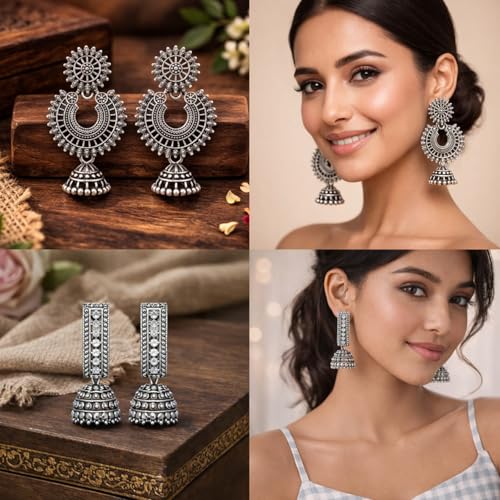 Image of Oxidised Silver Look Jhumka Earrings Box for Women | 16 Pairs Traditional Ethnic Jhumki Combo Gift Hamper with Velvet Box | Festive Wedding Jewellery | Gift For Women