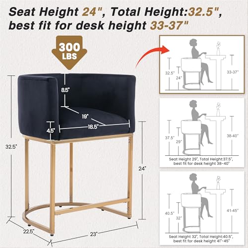 Image of HNY Modern Counter Height Velvet Fabric Upholstered Counter Stool, 24 Inch Kitchen Island Stool with Gold Finish Metal Frame, Black