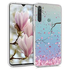 kwmobile Clear Case Compatible with Xiaomi Redmi Note 8 (2019/2021) – Phone Case Soft TPU Cover – Cherry Blossoms Pink/Dark Brown/Transparent